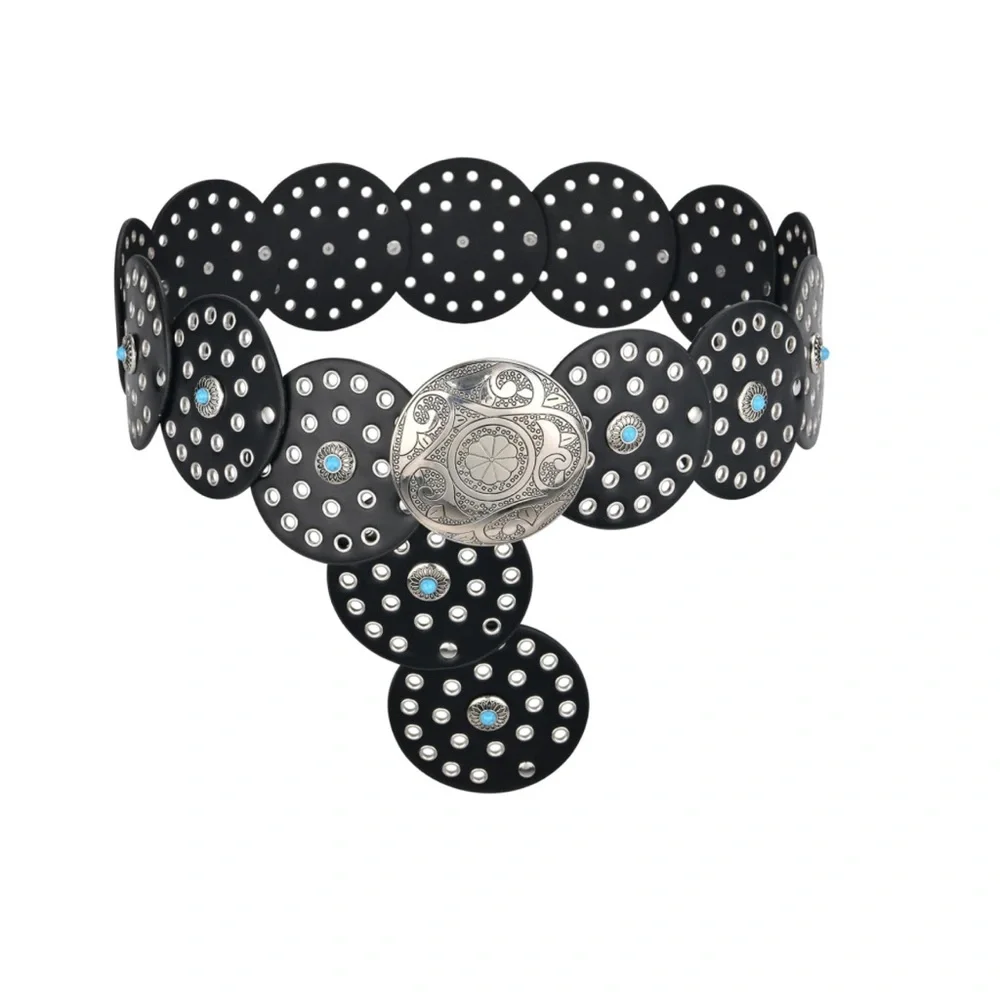 Western Leather Belt Boho Black and Silver Polka Dot Belt fits ways many sizes - Picture 1 of 8